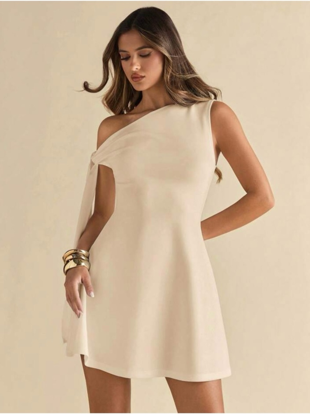 SHEIN One-Shoulder Cream Mini Dress with Draped Tie Sleeve NWOT - Picture 5 of 9